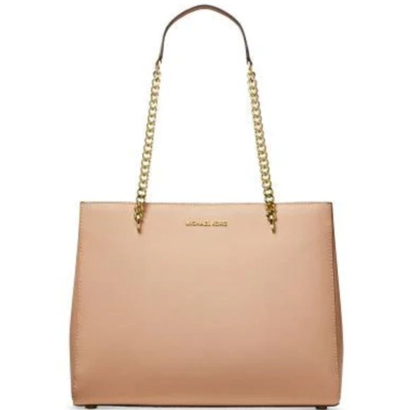 New MICHAEL Michael Kors "Ellis" Large Leather Chain Tote Bag in Oyster color